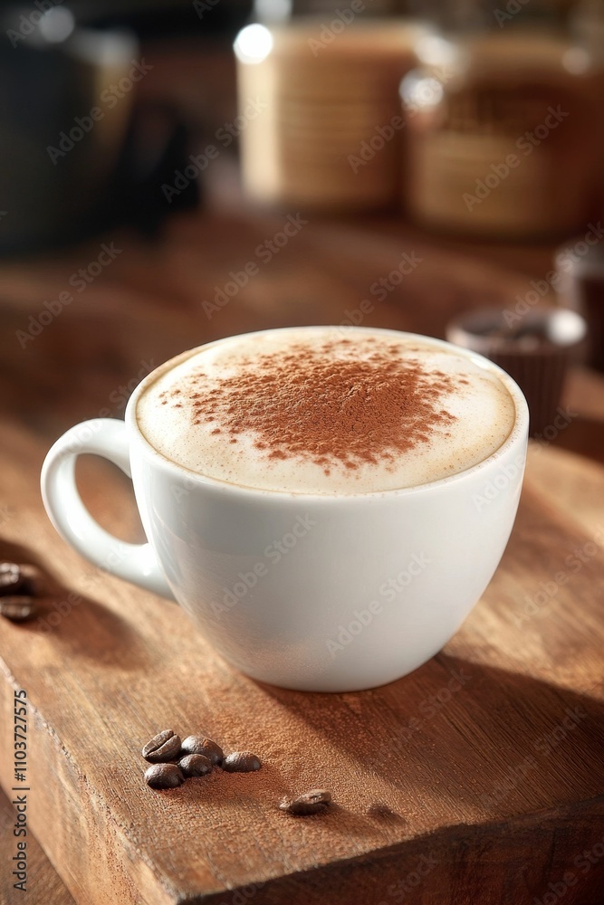 Cappuccino in white cup, cinnamon, coffee beans. Cappuccino in white cup, cinnamon, coffee beans.