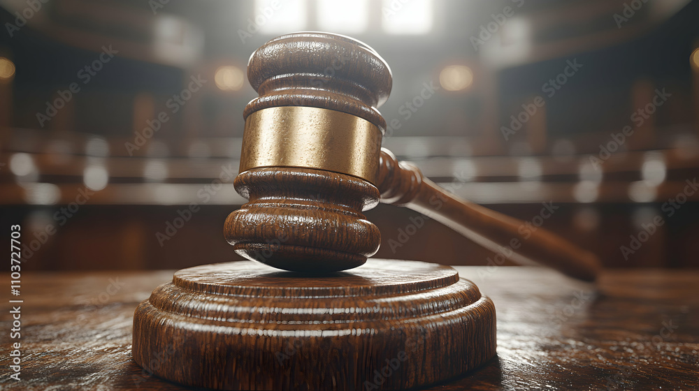 Wooden Gavel on Sound Block in Courtroom, Justice, Law, and Order Symbolized Wooden Gavel on Sound Block in Courtroom, Justice, Law, and Order Symbolized