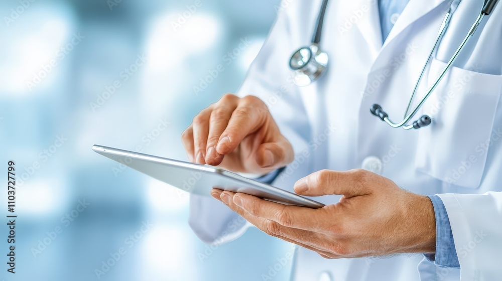 Doctor using tablet for patient care in a professional medical office environment Doctor using tablet for patient care in a professional medical office environment