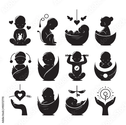 Newborn baby black set silhouette vector illustration