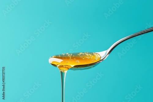 Organic honey drips onto blue background