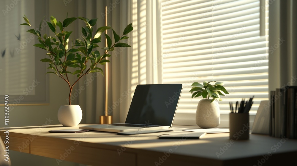 Sunlit Workspace Illustration: Laptop, Plants, and Minimalist Desk Sunlit Workspace Illustration: Laptop, Plants, and Minimalist Desk