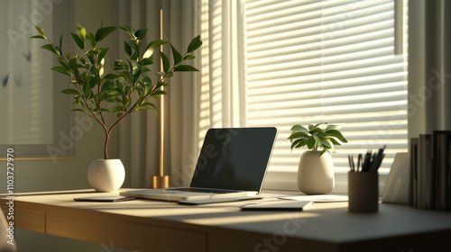 Sunlit Workspace Illustration: Laptop, Plants, and Minimalist Desk