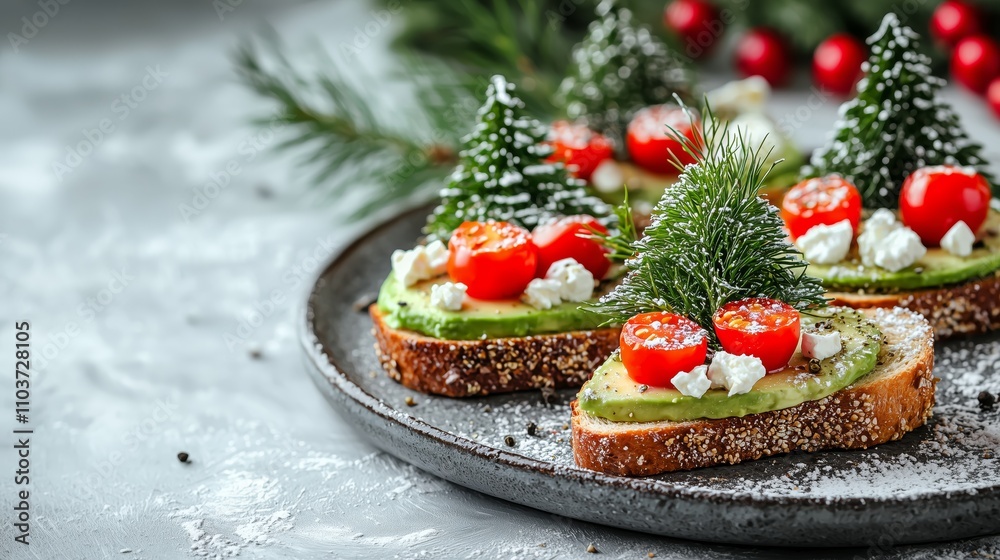 Festive Creative Avocado Toast with Cherry Tomatoes and Green Garnish for a Holiday Celebration on a Textured Plate Surrounded by Seasonal Decor Festive Creative Avocado Toast with Cherry Tomatoes and Green Garnish for a Holiday Celebration on a Textured Plate Surrounded by Seasonal Decor