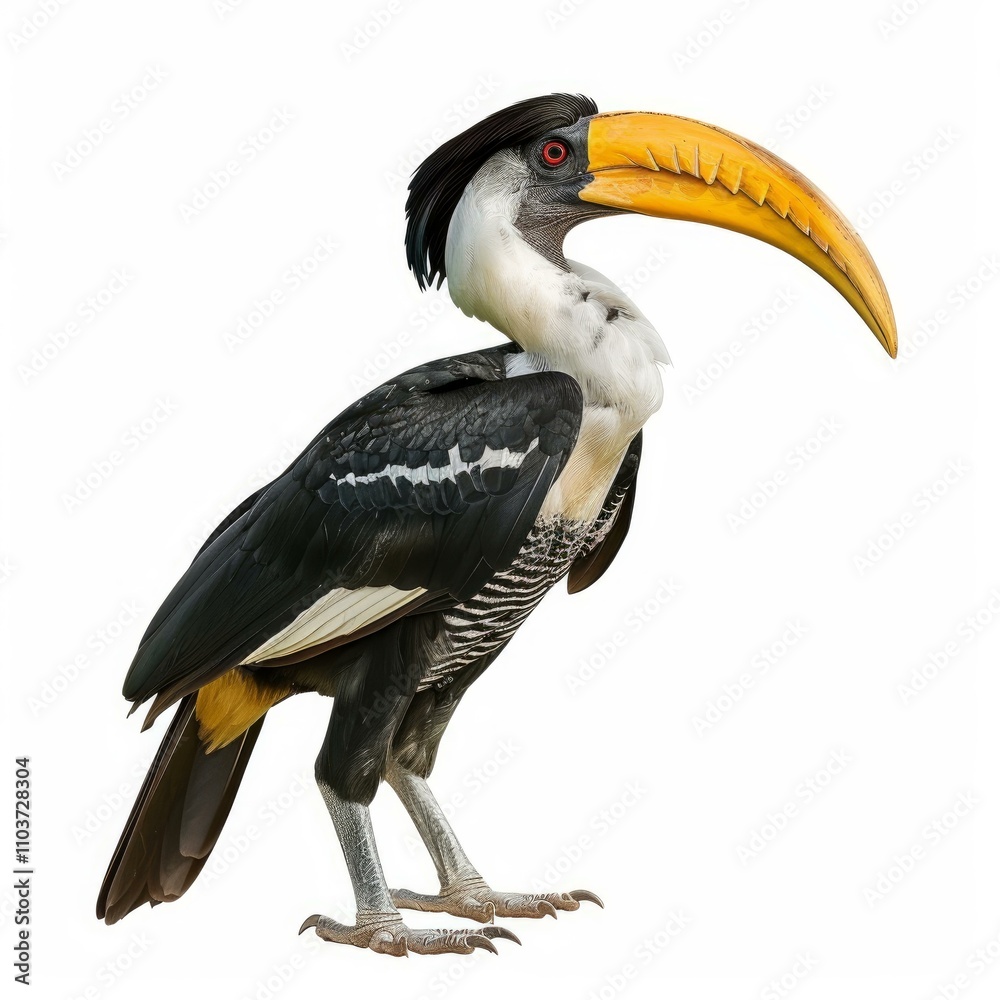 Fototapeta premium Visually striking yellow billed hornbill posing on white background