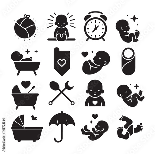 Newborn baby black set silhouette vector illustration