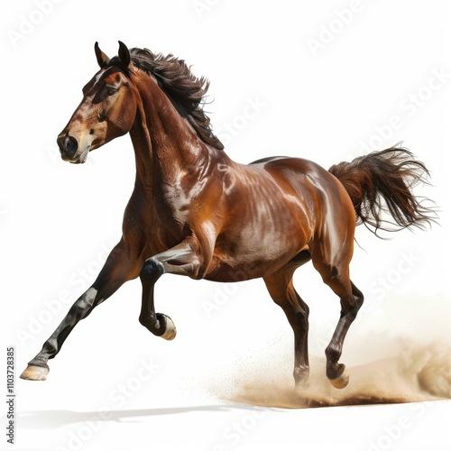 Bay horse galloping and kicking up dust on white background