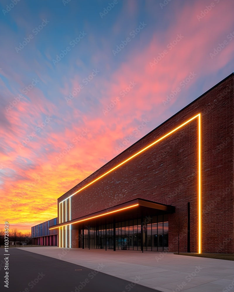 Modern architectural building illuminated at sunset