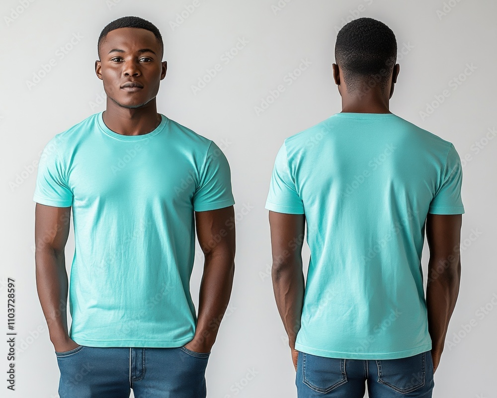 Confident young man posing in a turquoise t-shirt against a plain background showcasing both front and back views, perfect for fashion and lifestyle imagery. Confident young man posing in a turquoise t-shirt against a plain background showcasing both front and back views, perfect for fashion and lifestyle imagery.