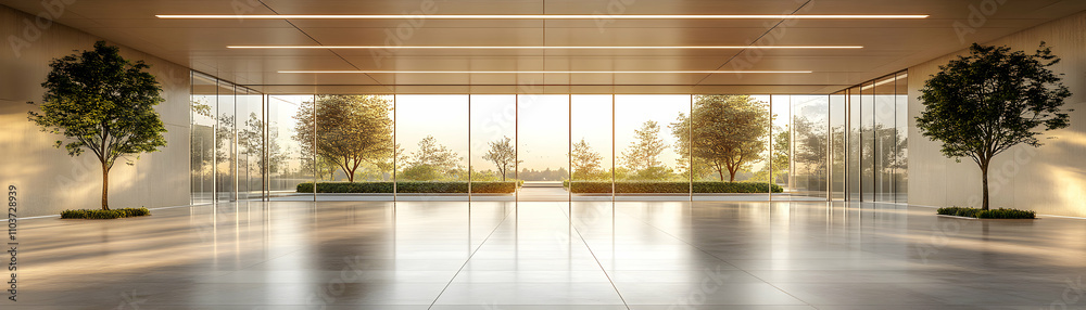 Naklejka premium Modern Building Interior, Spacious Lobby with Glass Walls, showcasing a serene outdoor landscape bathed in warm sunset light.