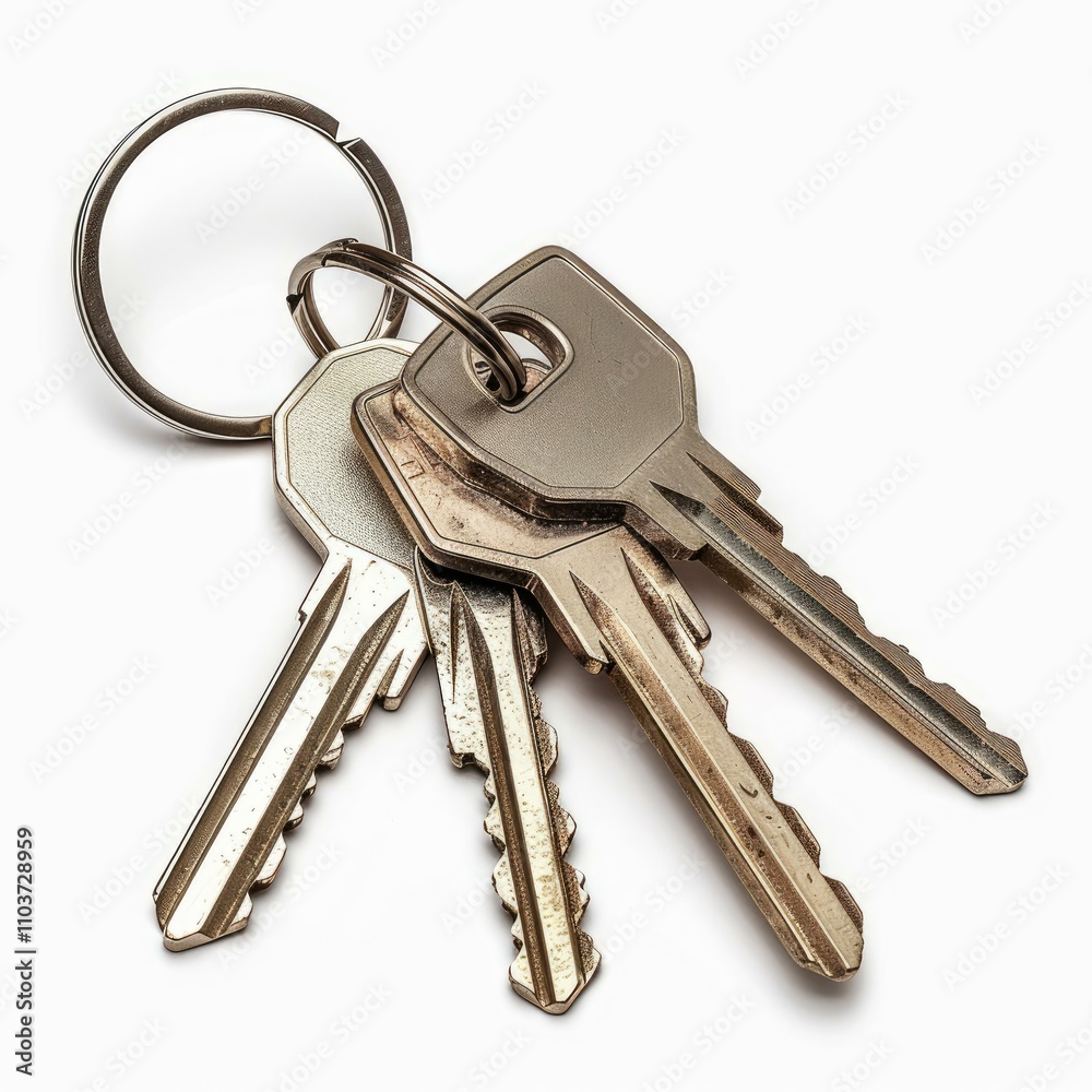 Keys hanging from metal ring on white background Keys hanging from metal ring on white background