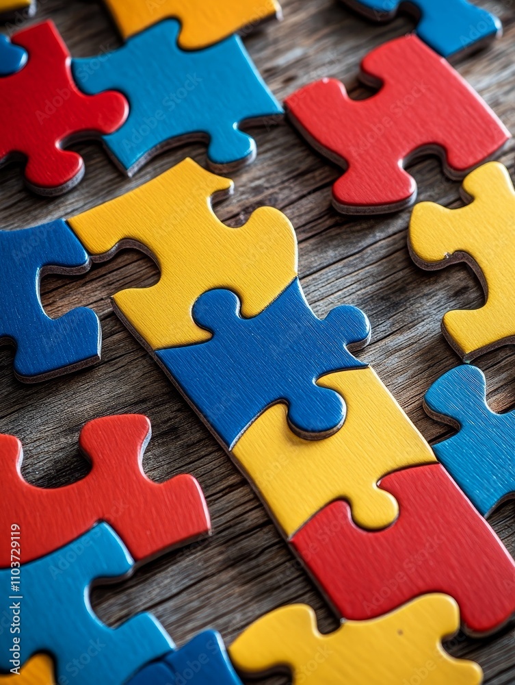 Fototapeta premium Colorful Jigsaw Puzzle Pieces on Wood: Teamwork and Solution - Colorful jigsaw puzzle pieces arranged on wood symbolize teamwork, problem-solving, unity, connection, and completion.