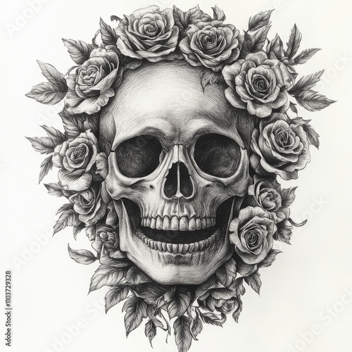 A skull surrounded by blooming roses, with intricate petals intertwining around the bones. The tattoo design is rendered in a scratchboard engraving style, emphasizing detailed textures of the skull