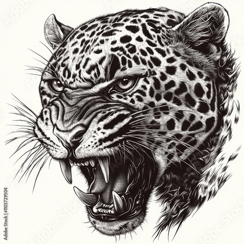 Fierce leopard head growling, sharp teeth bared, representing strength and wild aggression. The tattoo design is drawn in scratchboard-style engraving, with intricate details highlighting the leopardâ