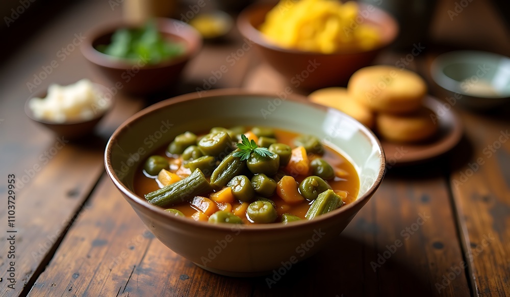Healthy vegetable soup with cornbread on table Healthy vegetable soup with cornbread on table
