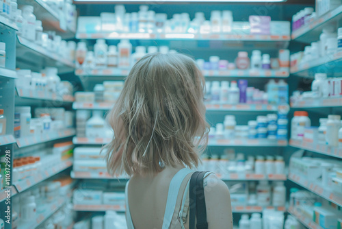 Young woman browses pharmacy shelves, searching for medication and dietary supplements to support her health and wellness.