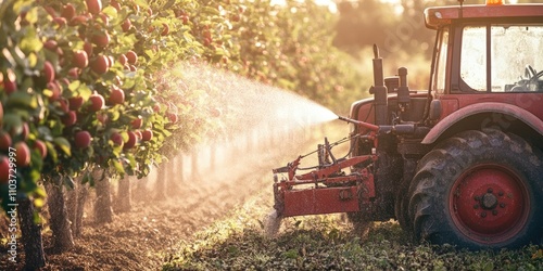 A tractor is seen from the side as it sprays a mist onto apple trees, effectively treating them with a spray application for care and maintenance. photo