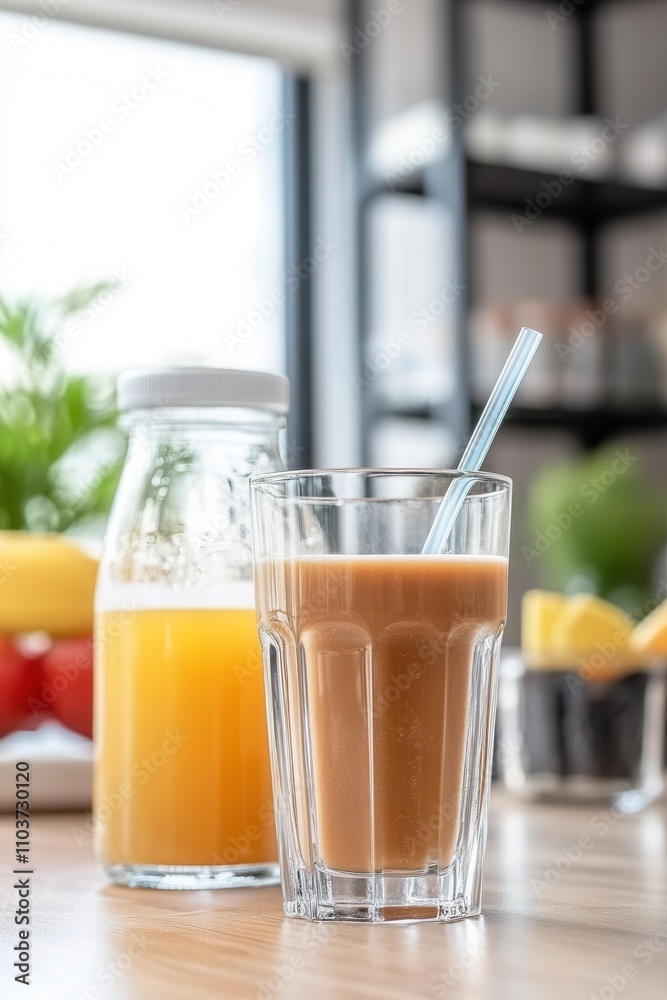 A glass of iced coffee with a blue straw is placed next to a bottle of fresh orange juice on a wooden table. The bright café setting showcases colorful fruits in the background, creating an inviting a