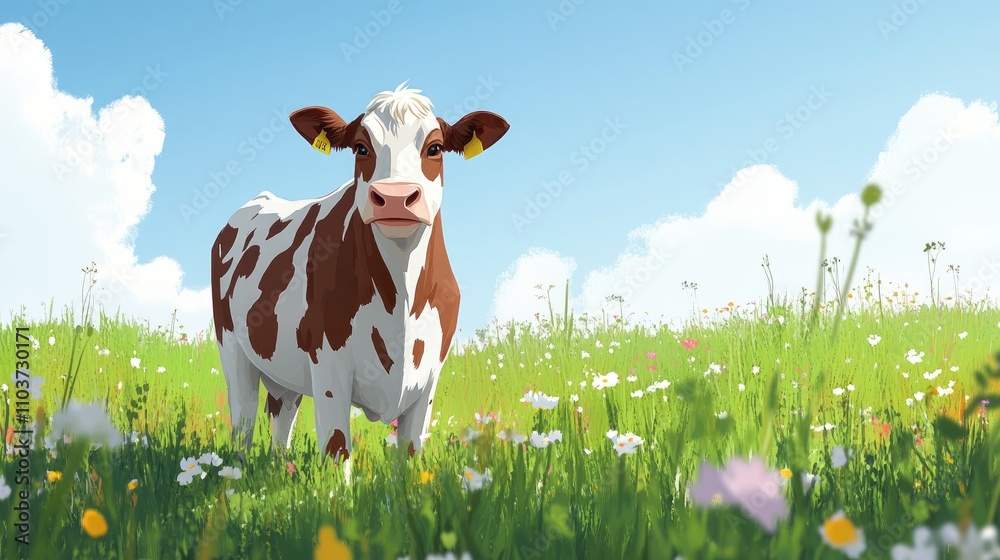 Vibrant brown and white spotted cow in a lush green meadow filled with flowers under a bright blue sky, symbolizing organic dairy and quality beef. Vibrant brown and white spotted cow in a lush green meadow filled with flowers under a bright blue sky, symbolizing organic dairy and quality beef.