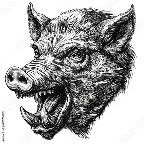 Fierce wild boar head growling, with sharp tusks and an aggressive snarl, symbolizing raw strength and dominance. The tattoo design is captured in scratchboard-style engraving, highlighting the boarâ€ photo