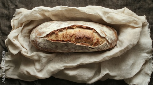 Artisan bread loaf wrapped in a soft linen cloth, highlighting the texture and detail of homemade baking. Ideal for culinary themes with ample copy space for your design needs. photo