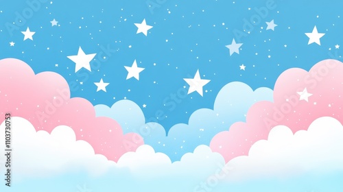 Whimsical pink and blue anime-inspired clouds decorated with sparkling white stars in a calm sky setting.