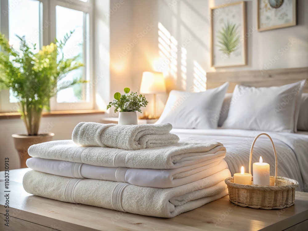Neatly Folded White Towels Stacked on a Cozy Bed in a Serene Bedroom Setting Emphasizing Comfort and Relaxation with Soft Lighting and Elegant Textures Neatly Folded White Towels Stacked on a Cozy Bed in a Serene Bedroom Setting Emphasizing Comfort and Relaxation with Soft Lighting and Elegant Textures