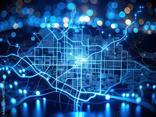 Neon Blue Silhouette Map of Glendale, California with Glowing Effects for Modern Urban Art and Design Projects