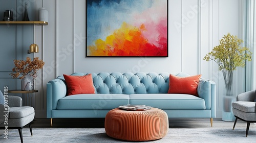 Provence, farmhouse style interior design of modern bright living room with a light blue sofa, abstract painting, textured pouf, and modern decor accents.


 photo