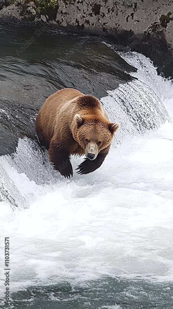 Majestic Grizzly Bear Hunting Salmon at Waterfall Majestic Grizzly Bear Hunting Salmon at Waterfall
