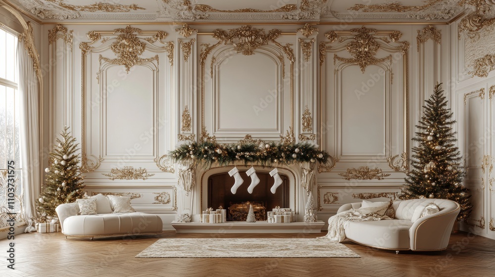 Elegant Christmas Living Room with Decorative Fireplace, Cozy Furniture, Beautifully Adorned Christmas Trees, and Festive Ornaments in a Luxurious Interior Setting Elegant Christmas Living Room with Decorative Fireplace, Cozy Furniture, Beautifully Adorned Christmas Trees, and Festive Ornaments in a Luxurious Interior Setting