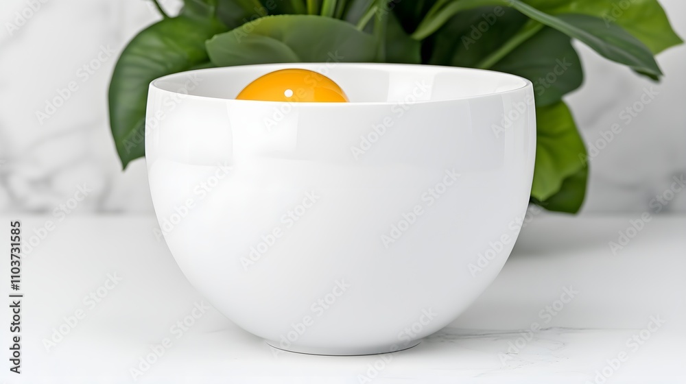 Fresh egg yolk in a white bowl with greenery background Fresh egg yolk in a white bowl with greenery background