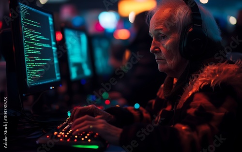 An elderly woman, focused on coding, sits before an illuminated keyboard, with a colorful code display screen in the background.