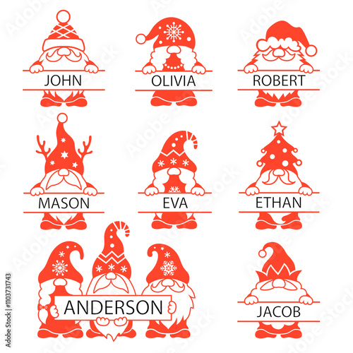 Set of Christmas gnome monogram with space for text. Christmas name sign. Peeking gnome face. Christmas design.