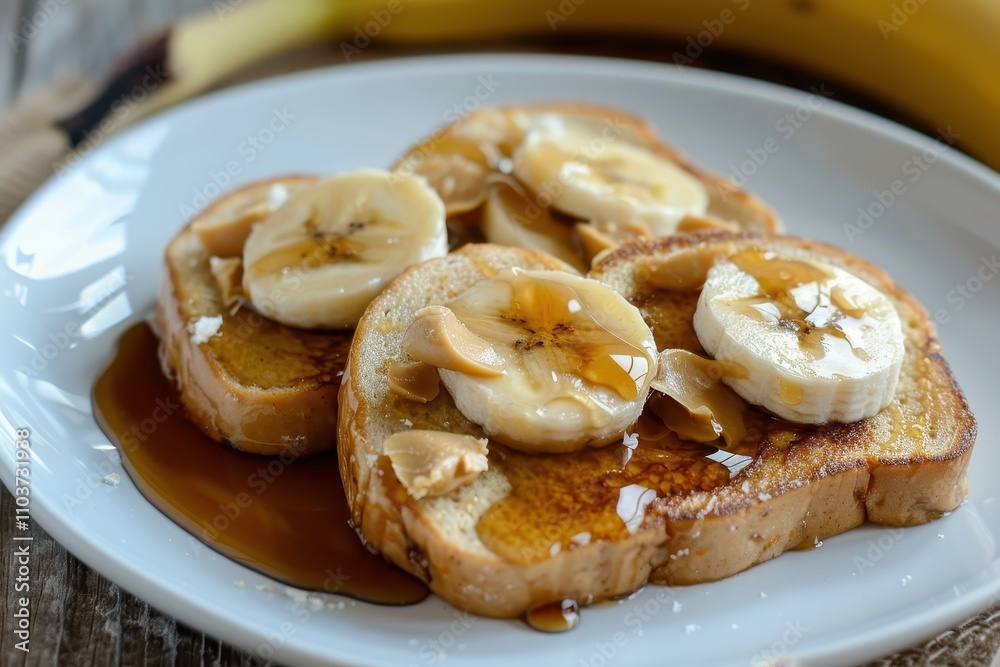 Vegan French toast with peanut butter syrup banana on plate Vegan French toast with peanut butter syrup banana on plate