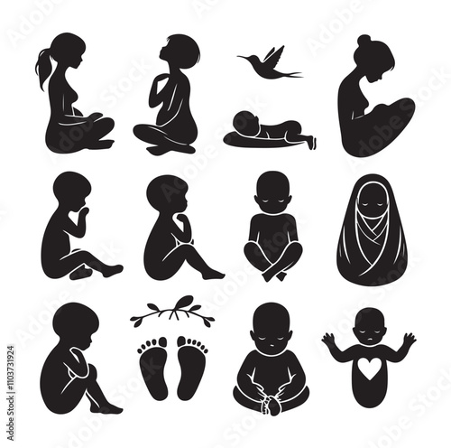Newborn baby black set silhouette vector illustration