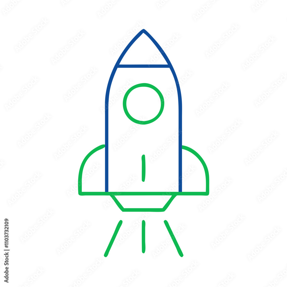 Good icon. Minimalistic rocket illustration in line art style with launch flames on a white background Good icon. Minimalistic rocket illustration in line art style with launch flames on a white background