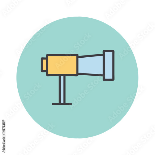 Good icon. Colorful telescope illustration in a playful design on a circular teal background