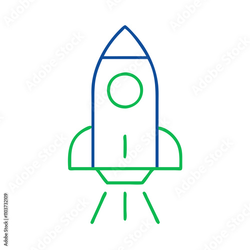 Good icon. Minimalistic rocket illustration in line art style with launch flames on a white background