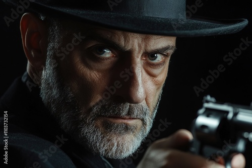 Stern man in hat aiming gun with intense gaze