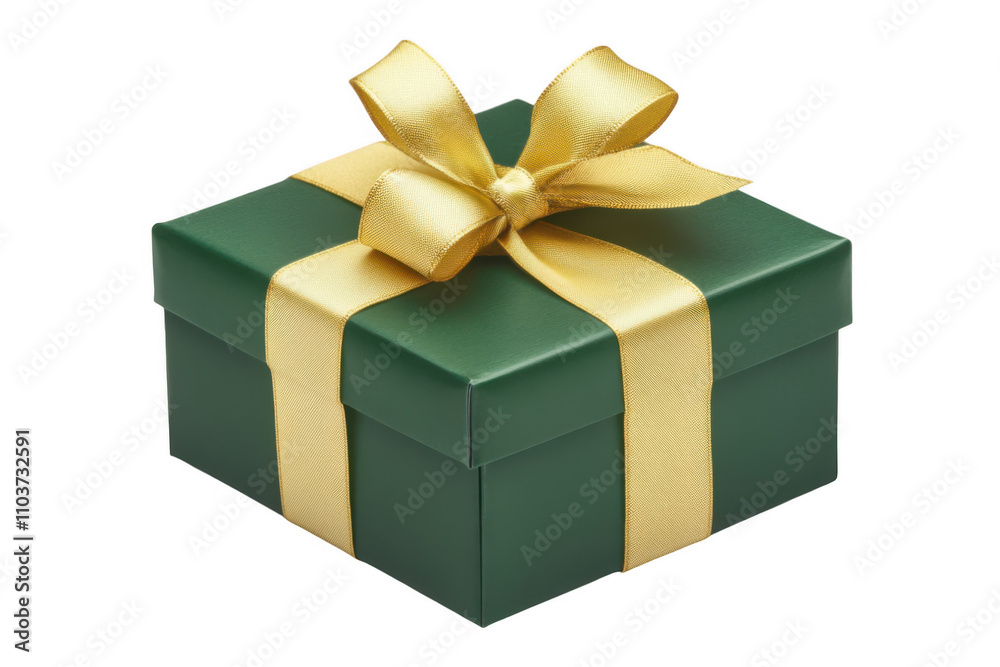 Green Gift Box with Gold Ribbon Bow Isolated on Transparent Background Green Gift Box with Gold Ribbon Bow Isolated on Transparent Background