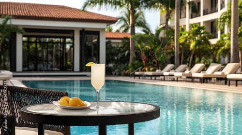 A serene poolside scene featuring a refreshing cocktail and fruit on a table, surrounded by lush greenery and lounge chairs.