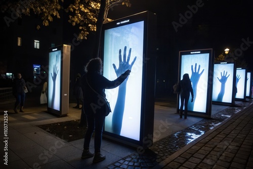 People engage with illuminated installations on a city street, illuminating their hands against the screens. The artwork creates a striking contrast with the night sky, inviting interaction and explor photo