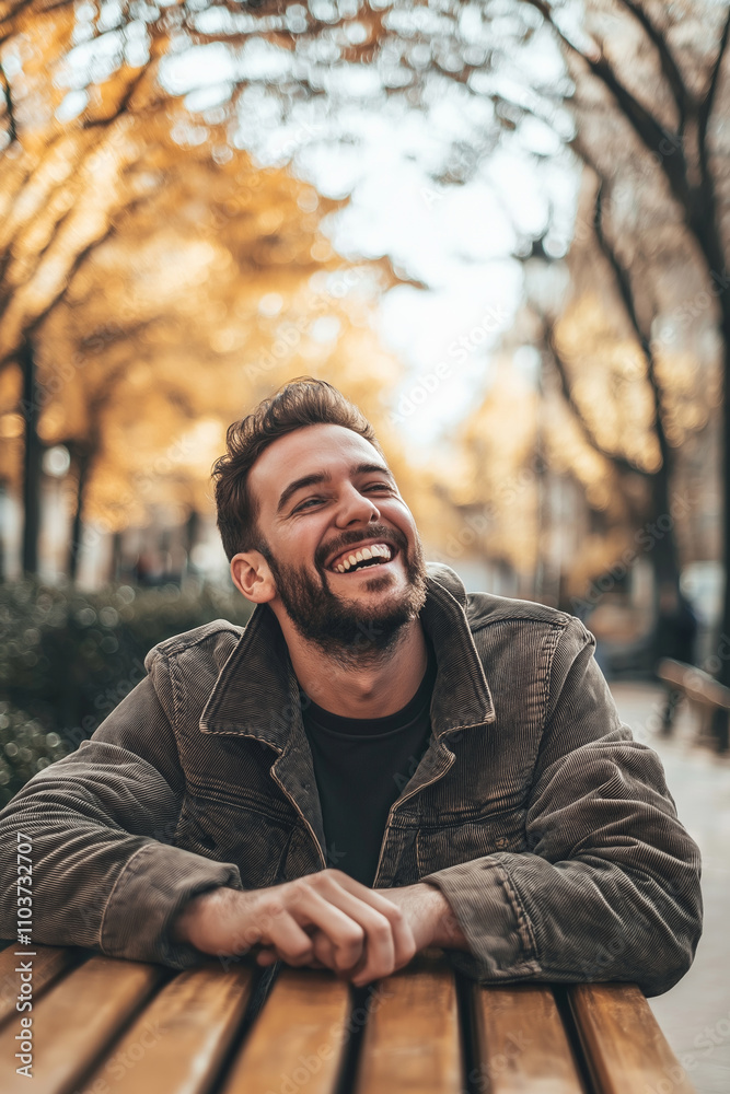 A cheerful young man enjoying laughter at a table surrounded by autumn foliage, radiating joy. A cheerful young man enjoying laughter at a table surrounded by autumn foliage, radiating joy.