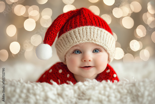 A cute baby wearing a red Santa hat with a soft smile, surrounded by enchanting holiday lights.