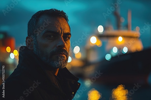 Intense man with beard, lit by soft glow at dusk. photo