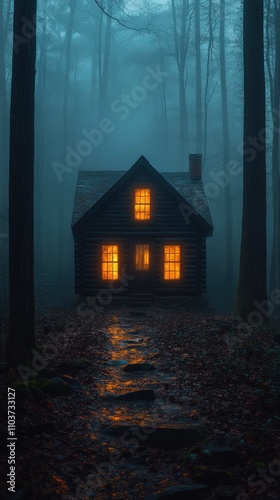 A small cabin with lit windows stands alone in a misty forest, with a path leading towards it.