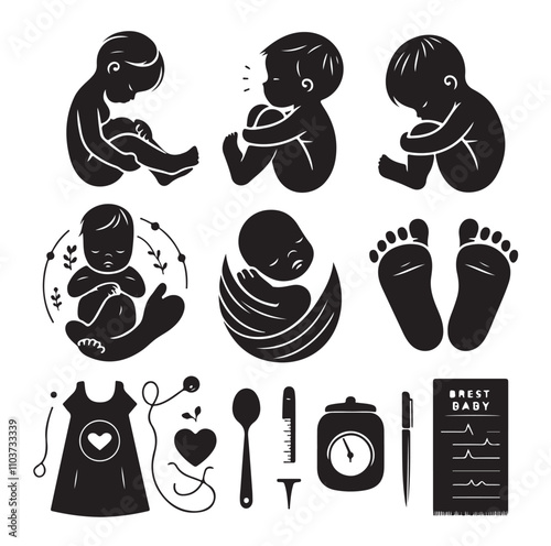 Newborn baby black set silhouette vector illustration photo