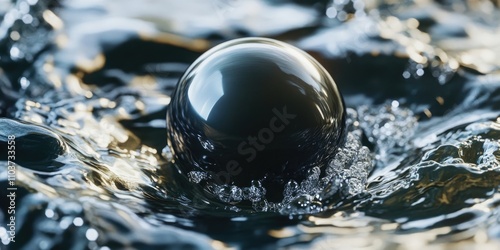 A close up view reveals the stunning design of a shimmering black pearl, showcasing its rich luster and intricate details in a submerged setting.