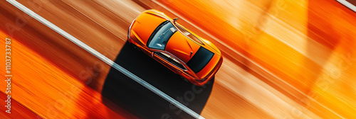 A stunning aerial view of a vibrant orange car in motion.